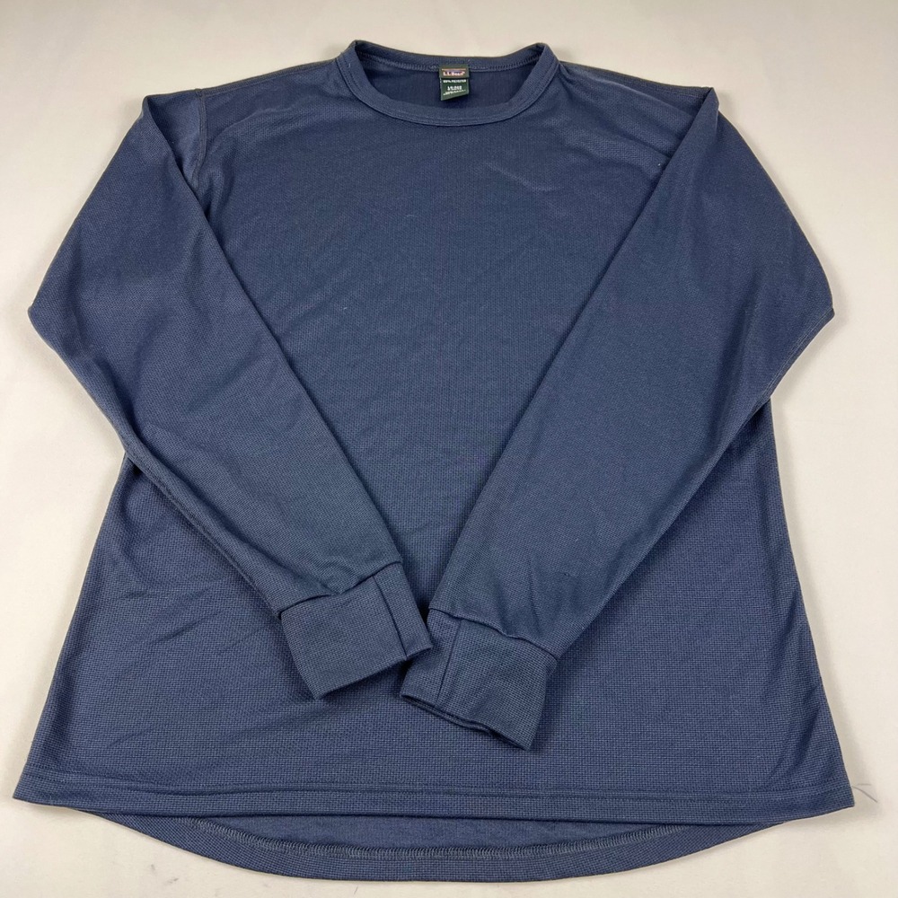 LL Bean Base Layer Shirt Large Regular Navy Blue Polyester Waffle Knit Excellent